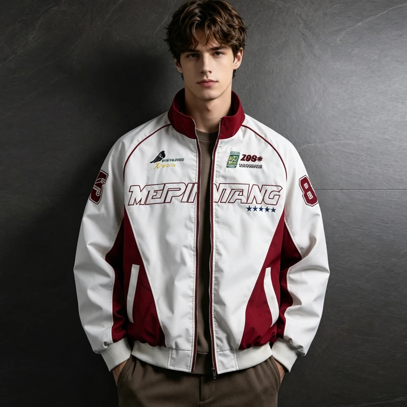 Retro Racing Jacket for Men High Street Motorcycle Motorbiker Jackets Spring Autumn New Women Color Block Matching Baseball Coat