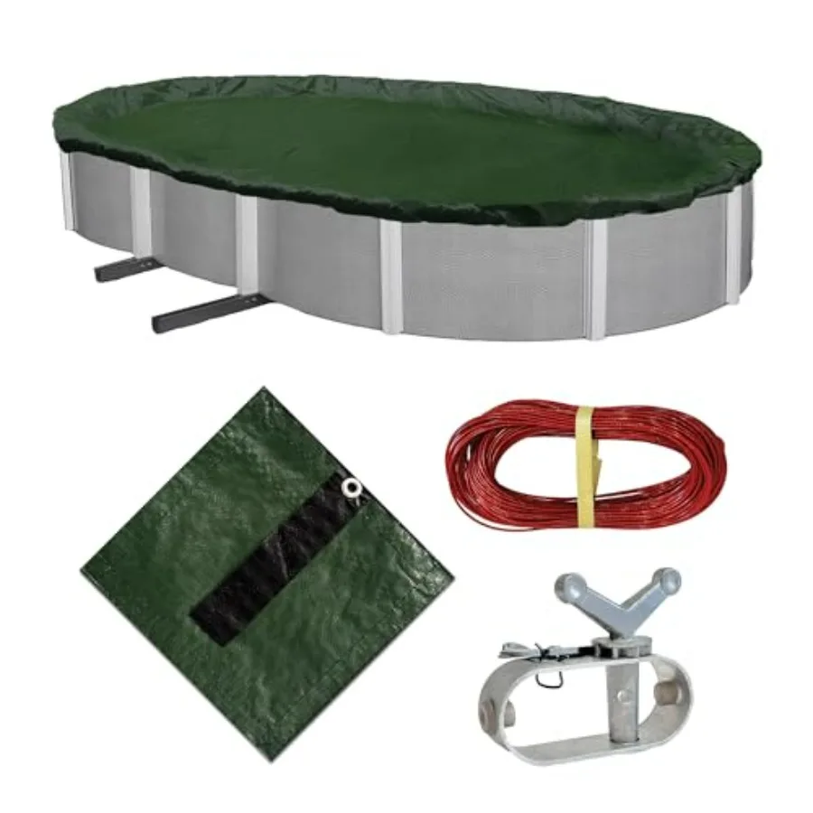 Winter pool cover for 15 ft x 30 ft oval above ground pools, silver polyethylene with black underside, forest green color, dura