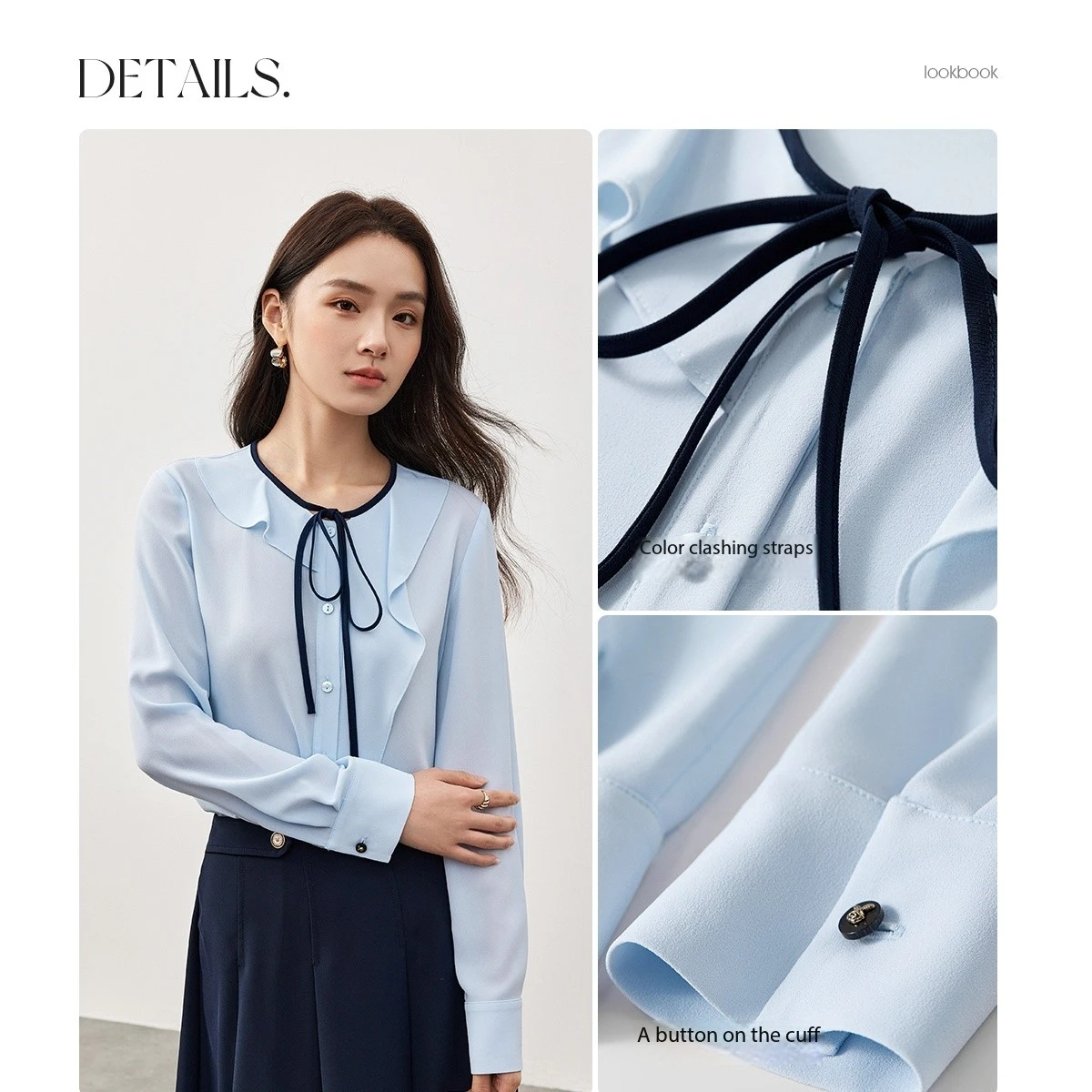 SENTUBILA Women's Shirt Ruffles Lace Up O-Neck Long Sleeve Spring New Style Color Blocking Design Sense Chiffon Blouse 151C58206