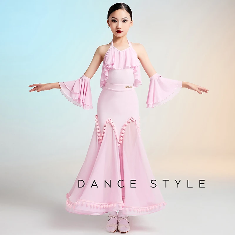소녀를위한 핑크 표준 댄스 복장 경쟁 공연 착용 현대 볼룸 댄스 복장 홀터넥 바디 슈트 스커트 세트 AMY3158