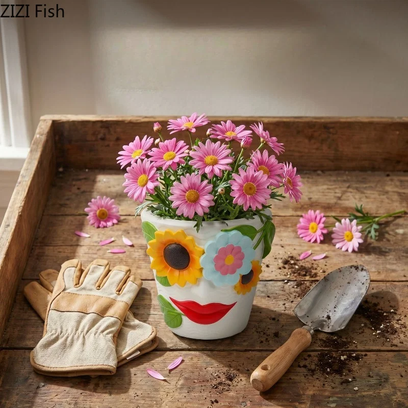 Sunflower Face Resin Flower Pot Courtyard Ornaments Desktop Succulent Pots Plant Pot Gardening Pots Planters Garden Decoration