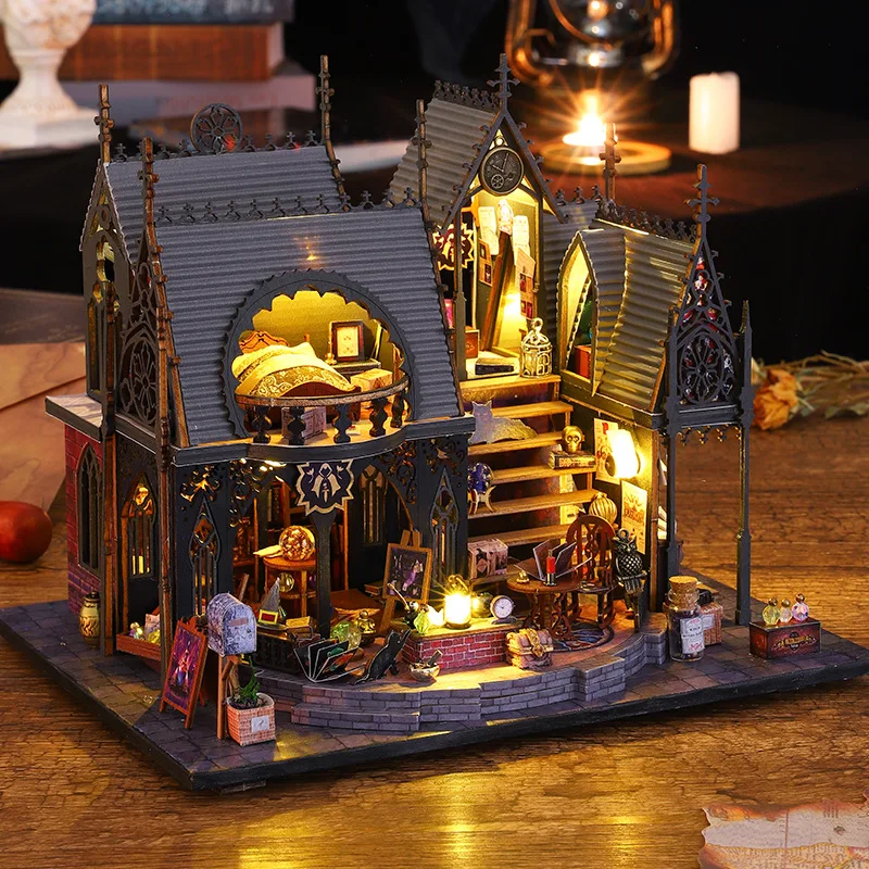 Diy kits de construção em miniatura de madeira luna casa mágica casas de boneca com luzes de móveis casas de bonecas para amigos presentes de aniversário
