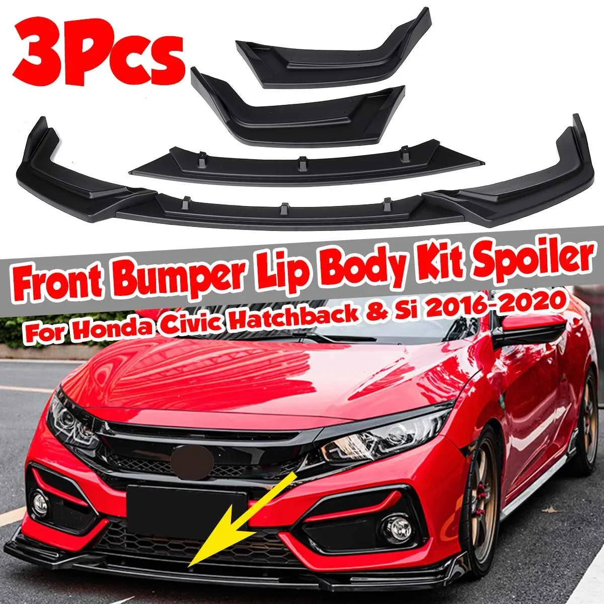 3Pcs Car Front Bumper Splitter Lip Diffuser Body Kit Spoiler Protector Cover Guard For Honda For Civic Hatchback & Si 2016-2020