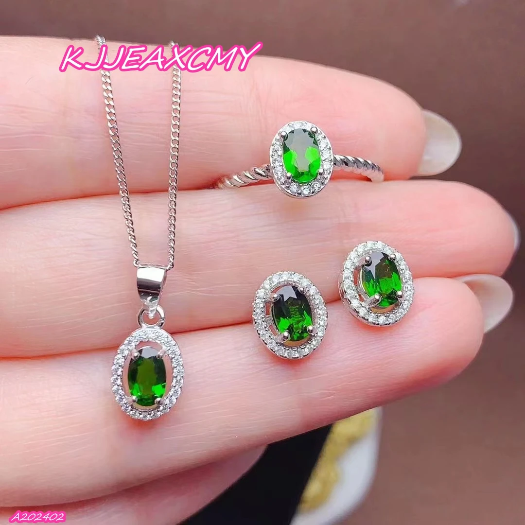 KJJEAXCMY 925 Sterling Silver Natural Diopside Gemstone Women's Earrings+Pendant+Ring 3-piece Set  Girl's Party Birthday