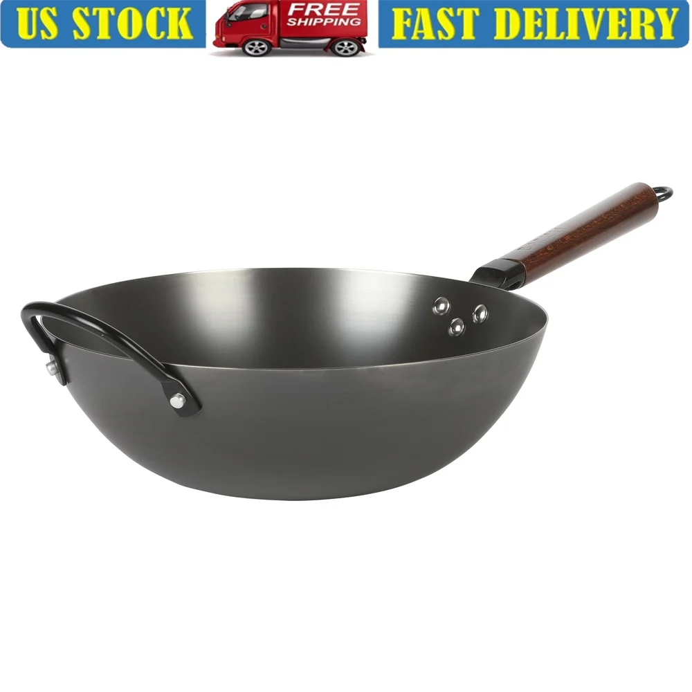 

13 Inch Carbon Steel Wok Detachable Wood Handle Induction Safe Nonstick Pre-Seasoned Heavy Gauge Flat Bottom Design Stir Frying