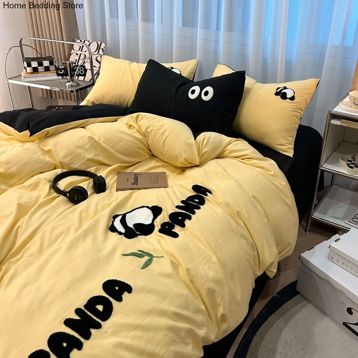 

Ins Cute Panda Bedding Set Cartoon Towel Embroidered Duvet Cover Queen Full Size Flat Bed Sheet Quilt Cover Pillowcase Kawaii