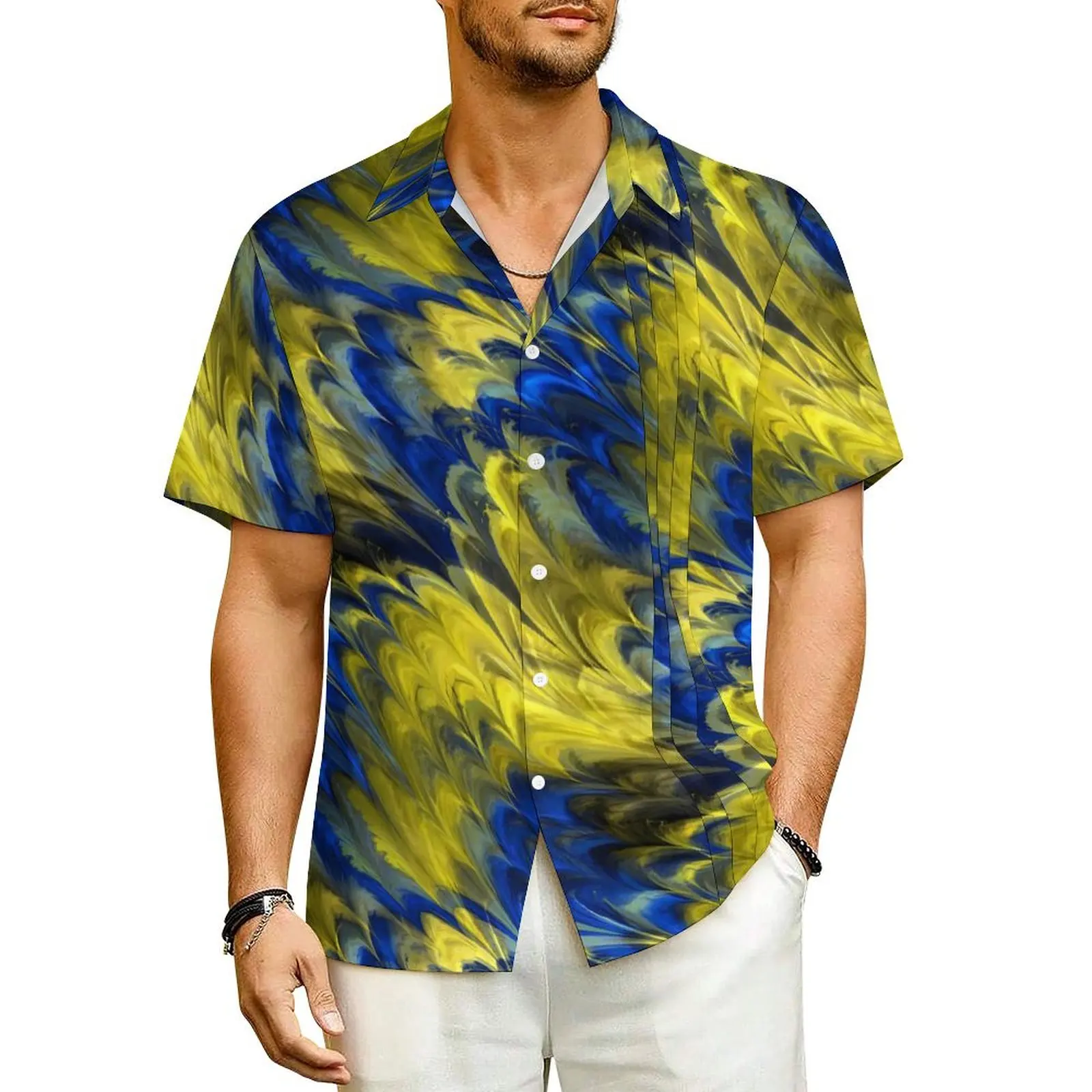 

Fractal Marble Beach Shirt Yellow Blue Summer Casual Shirts Male Novelty Blouses Short Sleeve Comfortable Printed Clothes