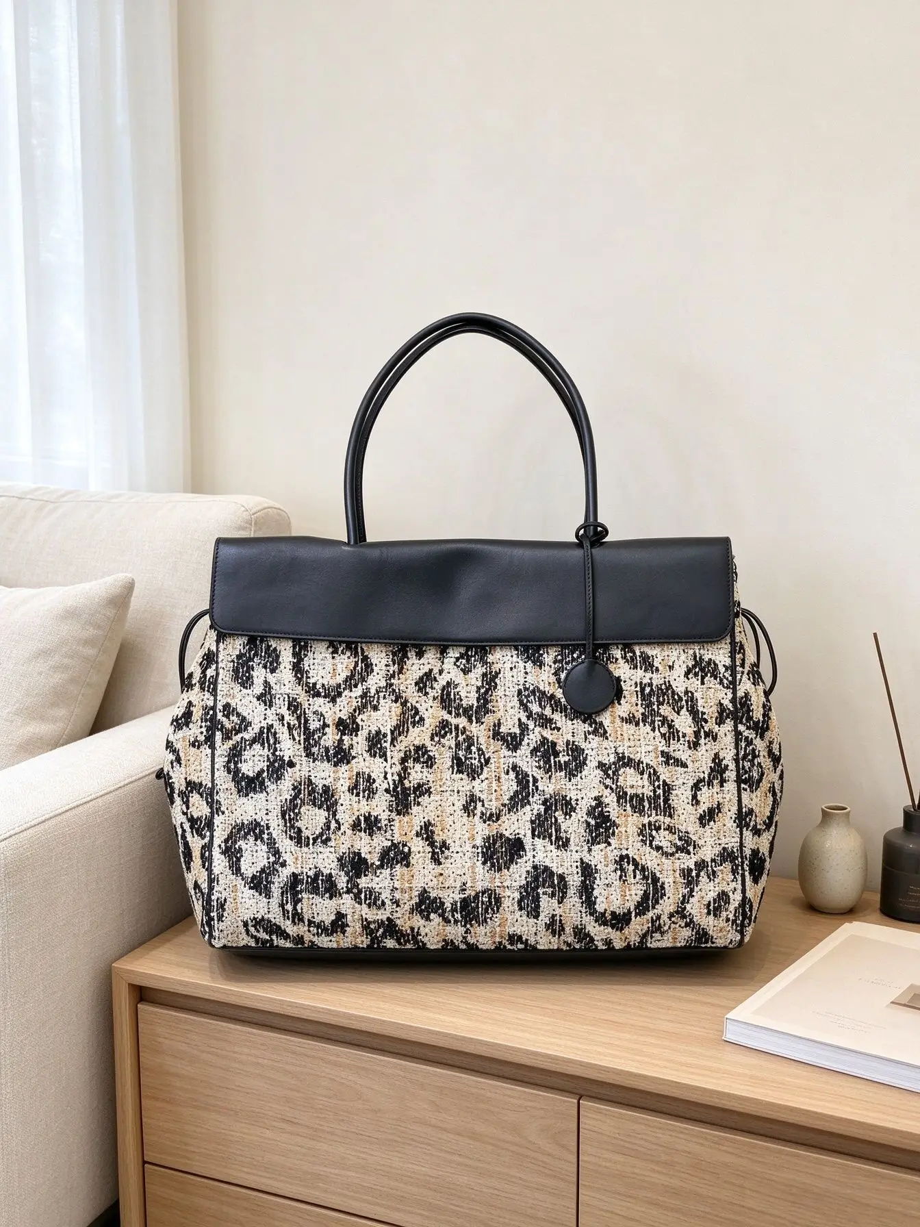 Unisex Leopard Print Woven Fabric Tote Handbag Spliced Leather Top Handle Large Capacity Drawstring Shoulder Bag