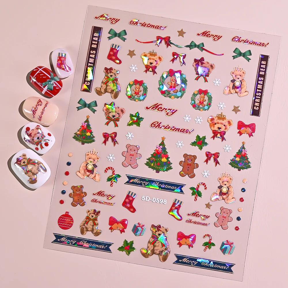 1 szt. Naklejki na paznokcie 5D Laserowe Różowe Świąteczne Ozdoby Aurora Choinka Kokarda Wieniec Płatki Śniegu Samoprzylepne Wytłaczane Naklejki na Paznokcie Urocze Akcesoria do Paznokci