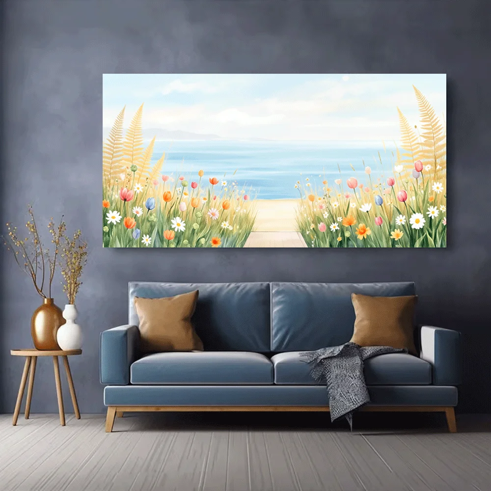1pc frameless Canvas Painting 1PC-Canvas poster Unframed  Coastal Flower Meadow Ocean View Wall Art Print  summer