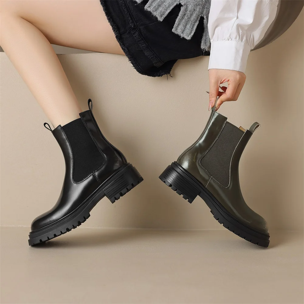 RIZABINA Size 34-42 Genuine Leather Women Chelsea Boots Elastic Band Thick Bottom Short Boots Ladies Slip On Winter Warm Shoes