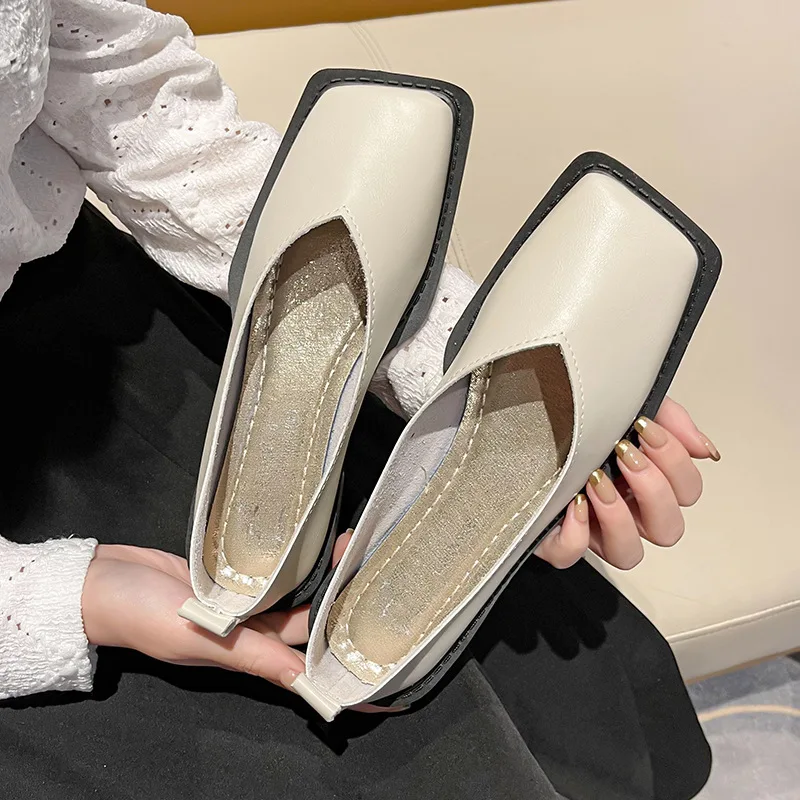 Spring New 2024 Flat Shoes Women Square Toe Single Shoes Simple Temperament Leather Shoes round toe heels