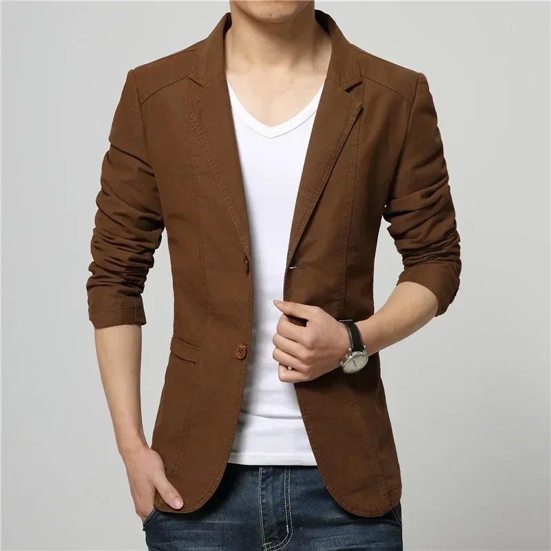 Cotton Business Casual Men Blazer Fashion Trend Slim Fit Solid Color Jacket Large Size M-6XL Khaki Black Brown Suit Coat