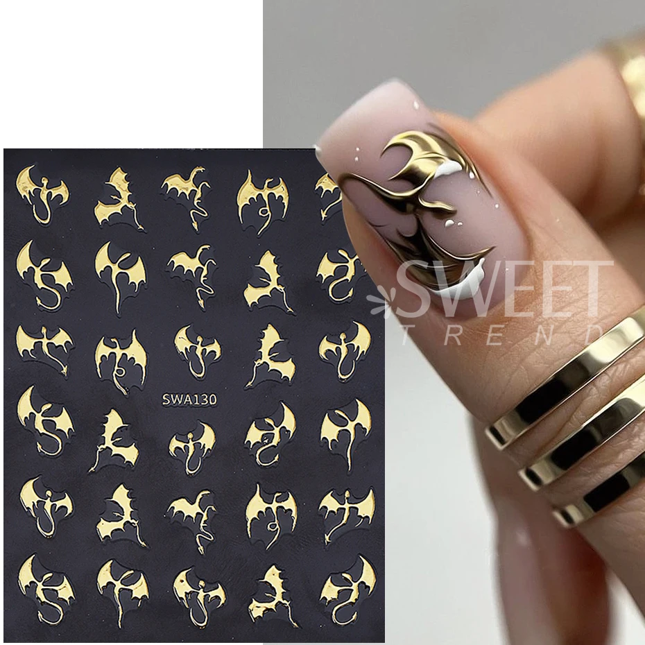 3pcs Flying Dragon Nail Art Stickers Metallic Laser Silver Gold Flying Devil Bat Design Nail Decals DIY Halloween Manicure Decor
