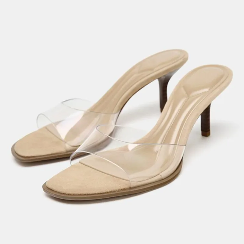 

Fashion Transparent PVC Wide Strap Slippers Women Sexy Open-toe Thin Heel Slide Sandals Ladies Luxury Party Designer Mules Shoe