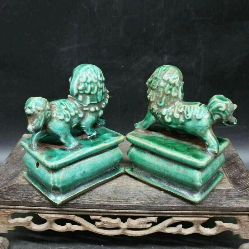 Chinese Old Statue Marked Green Porcelain Foo Dog Figure Glazed Palace Lion