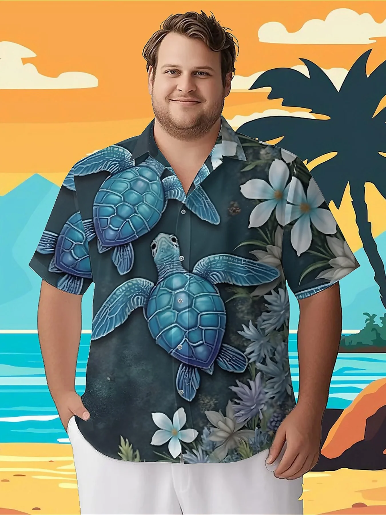

Men's Plus Size Hawaiian ShirtsTropical Blue Turtle and Flowerspattern, Summer Tops, Suitable for Outdoor and Party, Streetwear