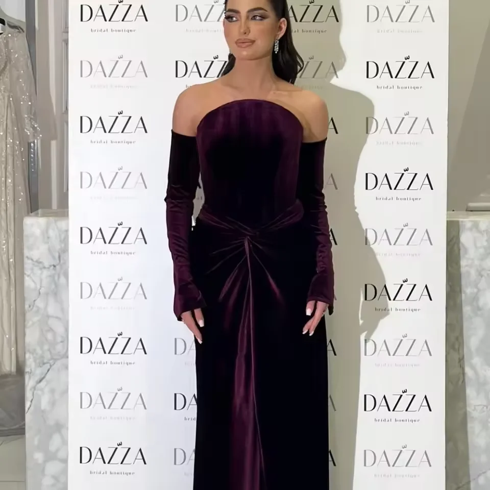 Vestidos de fiesta de terciopelo burdeos personalizados, guantes largos con hombros descubiertos, vestido de fiesta de celebridades, vestidos de noche formales de Dubái