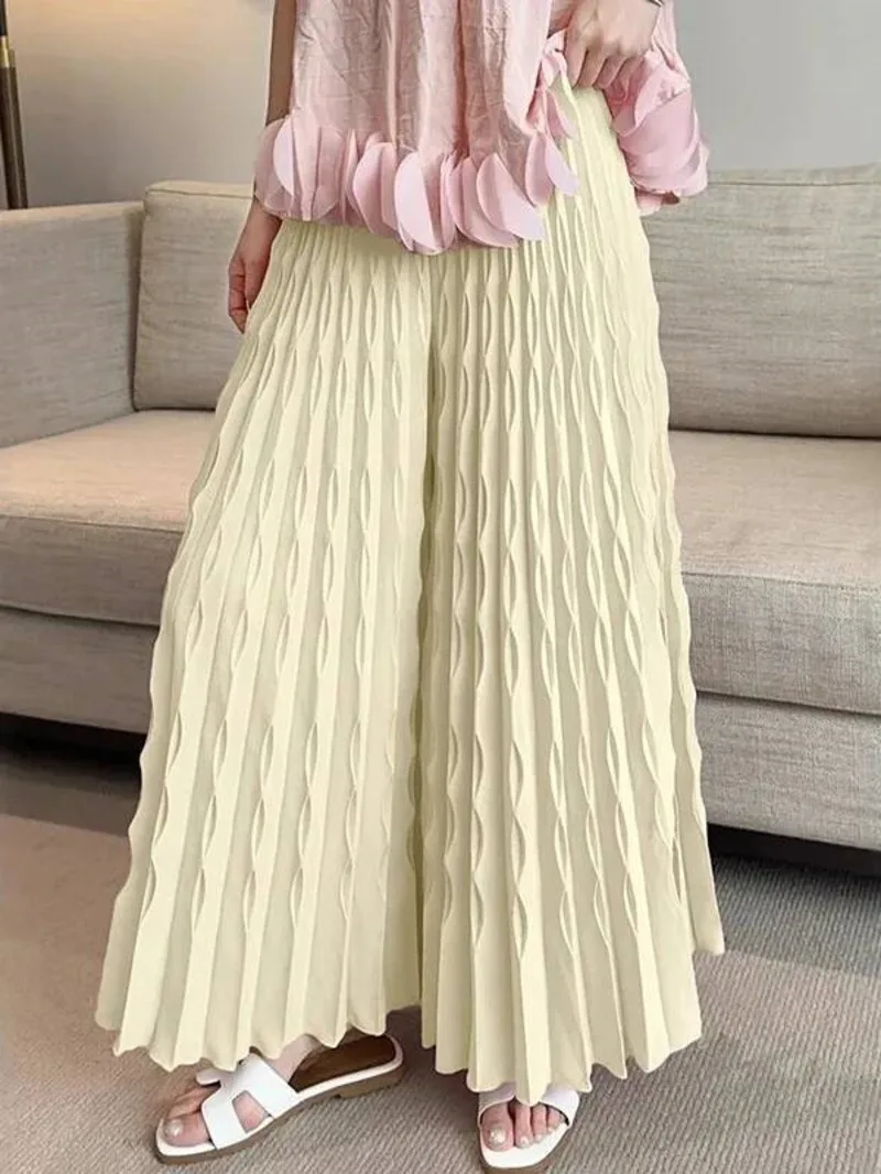 

Elastic Pleated New Waist Women's Wide Leg Pants Chic Elegant Design Handmade Pleated Stretch Loose Long Pants 2XUV0
