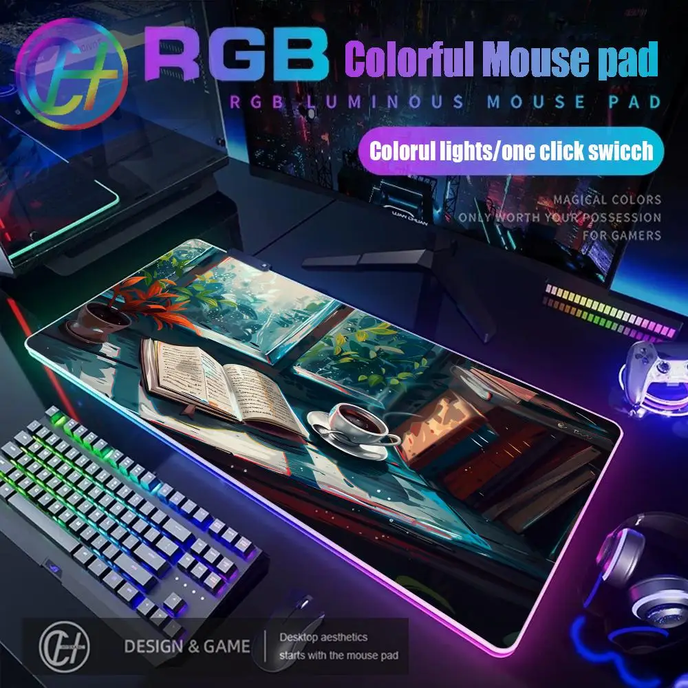 HYBXAXC Wizard's Bookshelf Desk Mat Vintage Fantasy Bookcase Mouse Pad RGB Gaming Mouse Pad Desk Mat HD Gamer Large LED Light