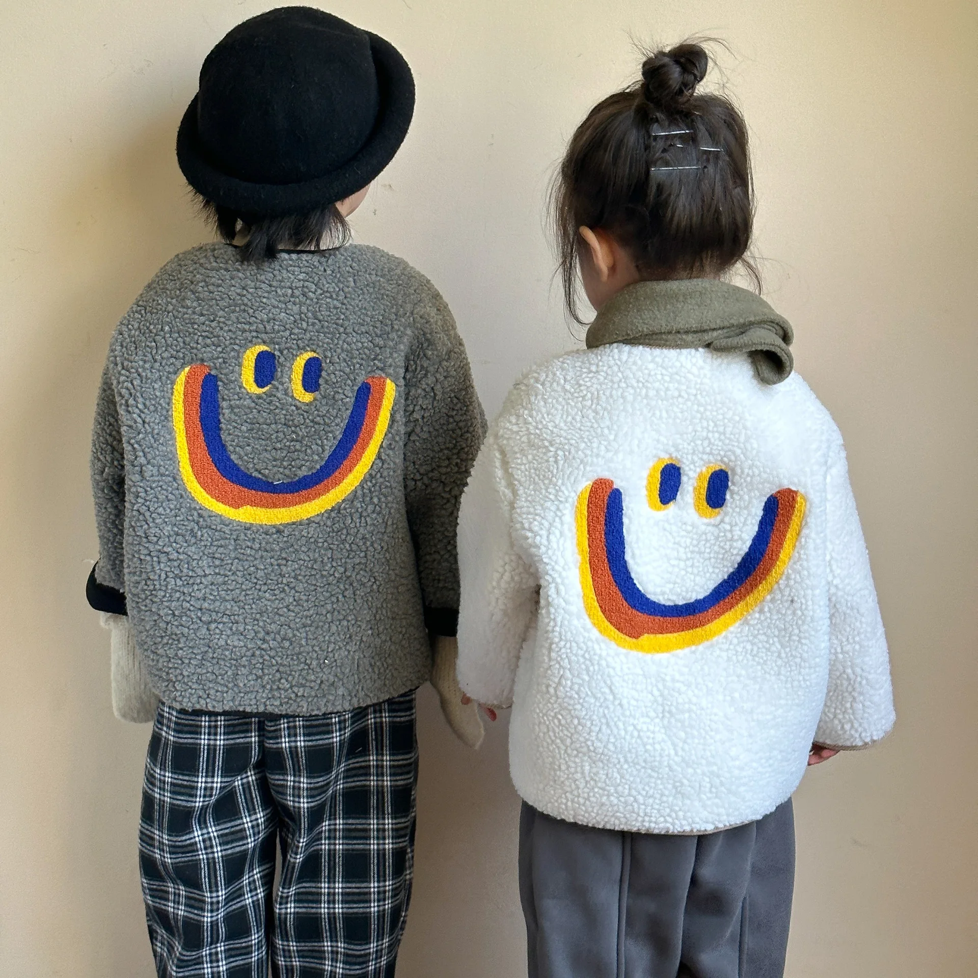 Childrens Lamb Wool Jacket Thicken Wool Big Smiling Face 2024 Autumn Winter Kids Boys Coat Little Baby Girls Fur Jacket