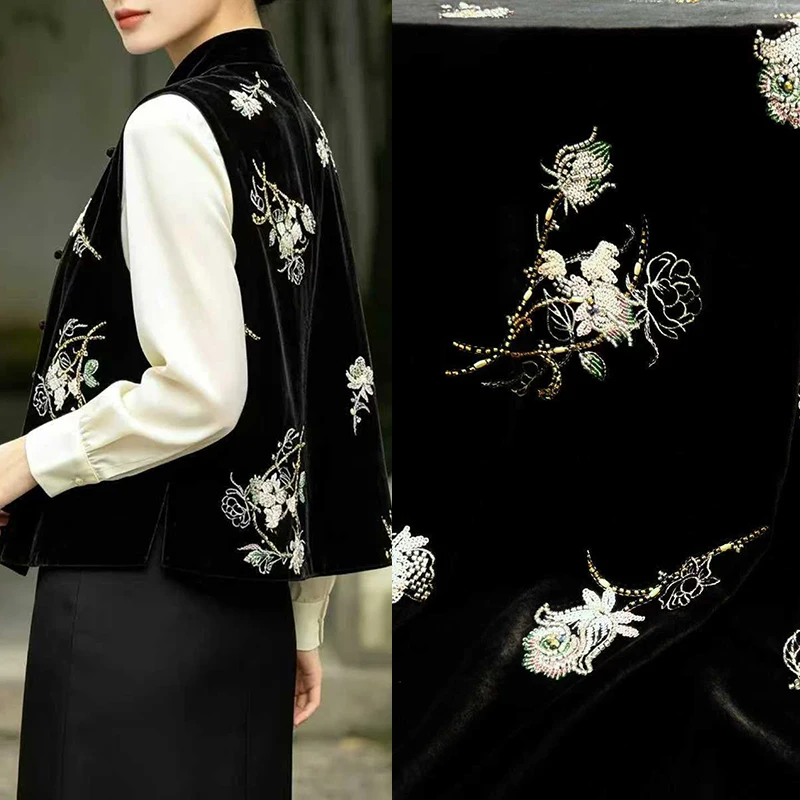Floral Pattern Beaded Sequins Black Velour Silk Fabric for Autumn Dress Skirt Jacket Velvet Fabric for DIY Sewing R7162