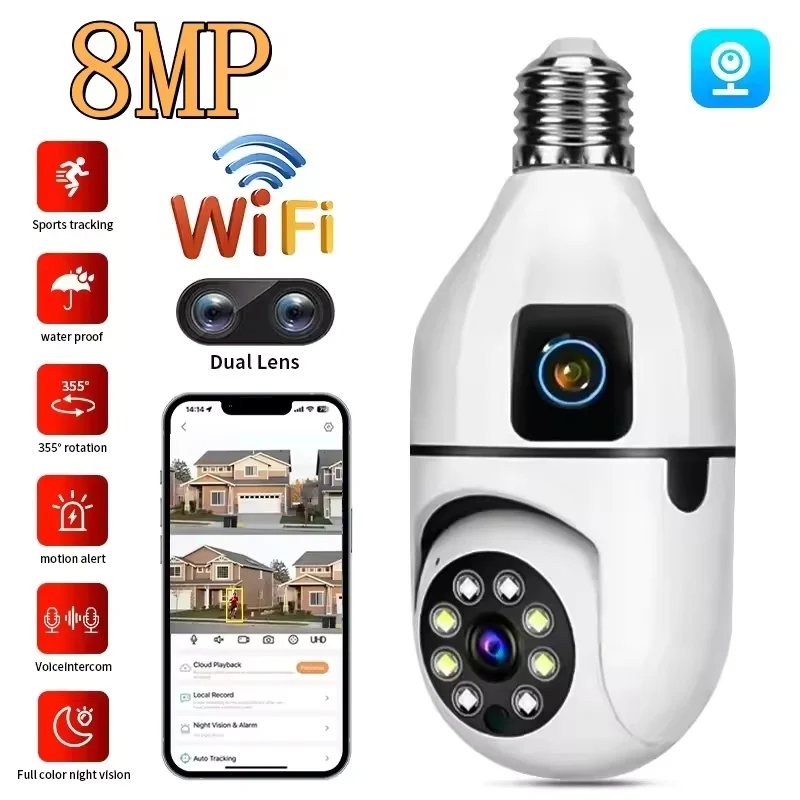

8M E27 WiFi-камера с двумя объективами для внутреннего наблюдения, приложение V380 Pro, камера видеонаблюдения для обеспечения безопасности