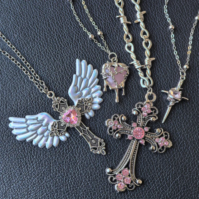 4pcs Pink Gothic Necklace Set Pink Imitation Crystal Cross Dagger Pendant Pink Heart Angel Wing Cross Silver Necklace