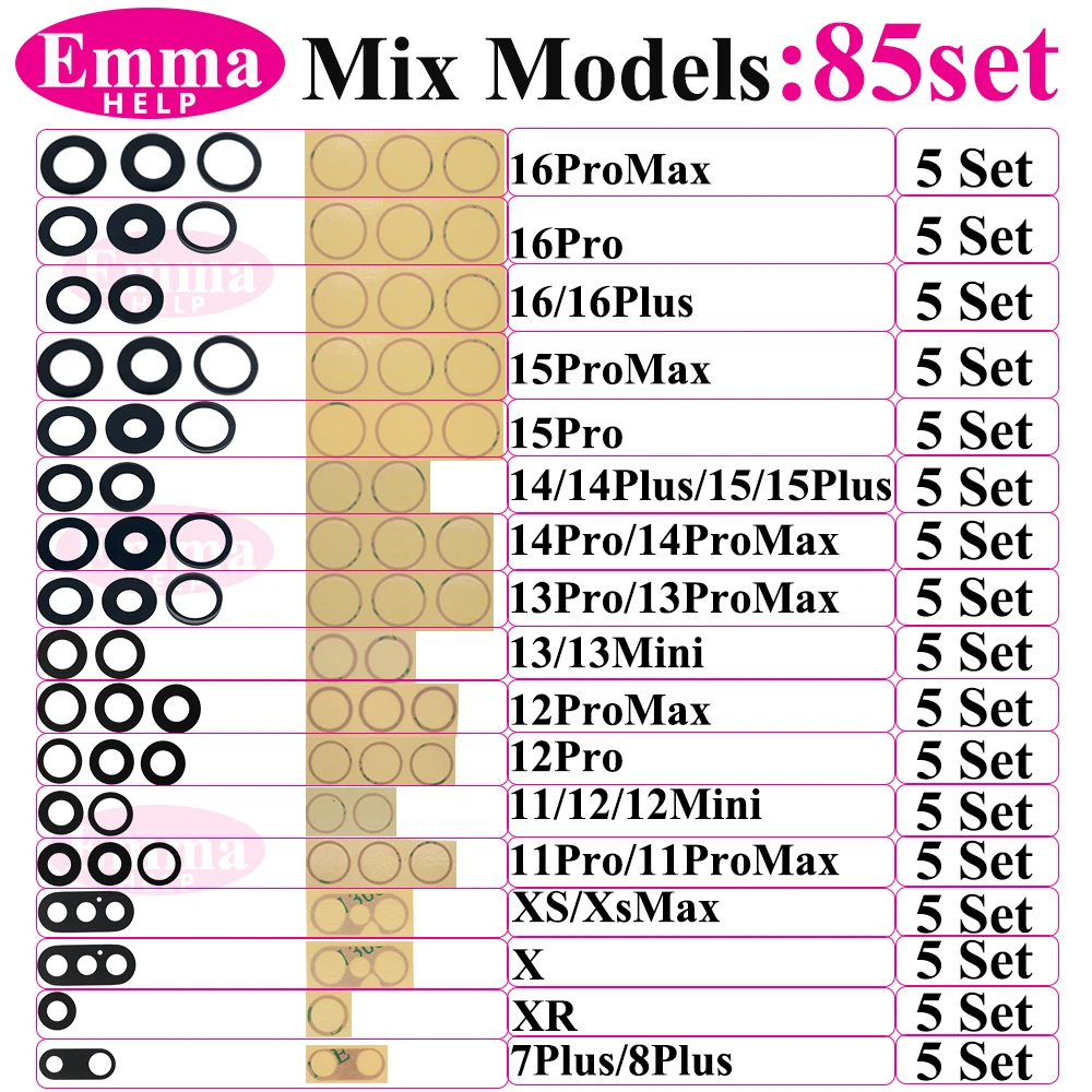 

Оптовая продажа, 85 комплектов, 51 комплектов, замена стекла задней камеры для iPhone 16 13 Mini 14 15 Plus 12 Pro Max, смешанные модели объектива задней камеры