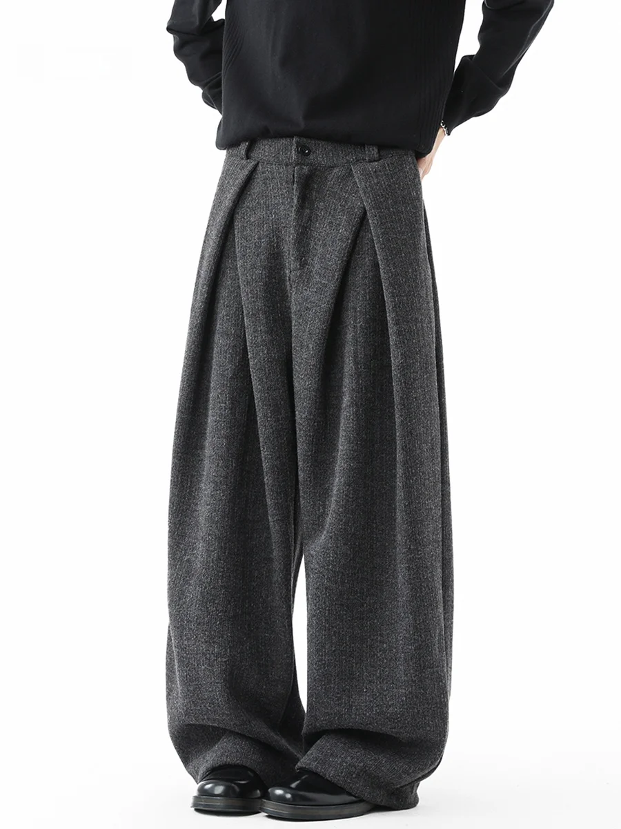 

Мужские шерстяные брюки А-силуэта с широкими штанинами, осенне-зимние, утепленные, повседневные, в стиле Old Money, плиссированные, прямого кроя, свободного силуэта