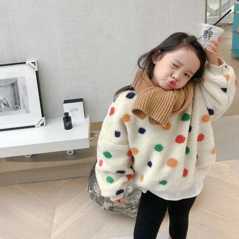 Winter Baby Girls Lovely Dots Loose Warmth Fleece Sweatshirt Children Pullover Outfit Kids Track Coat Tops 2-8 Years