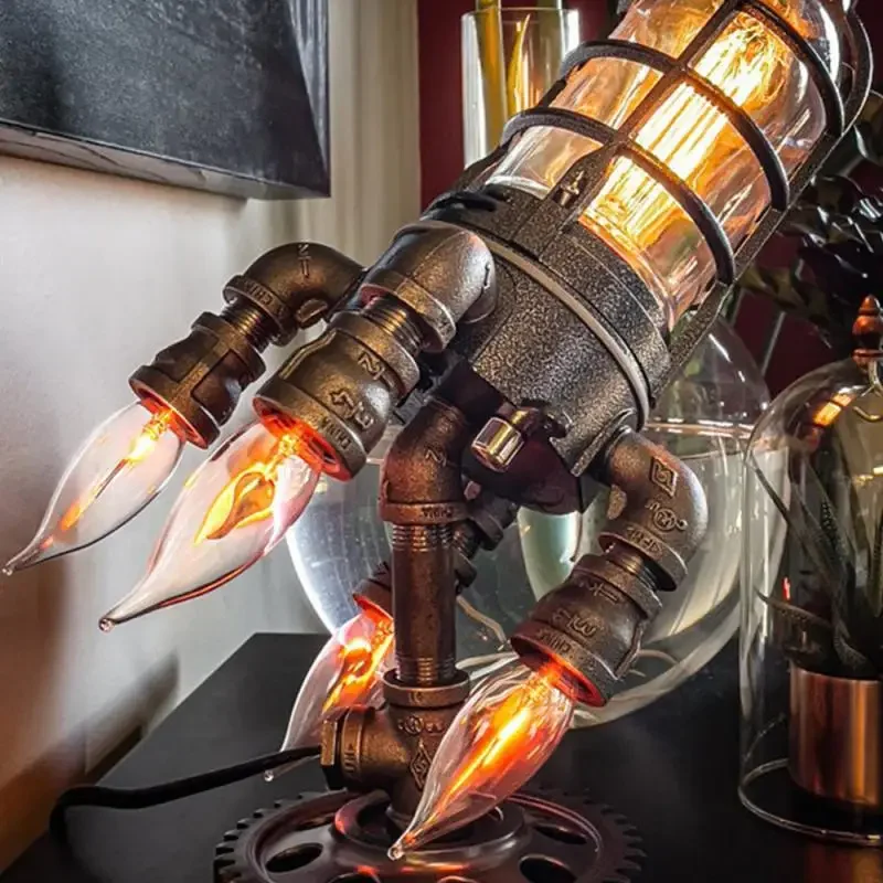 Retro Steampunk Rocket Lamp LED Table Night Light Home Office Decoration