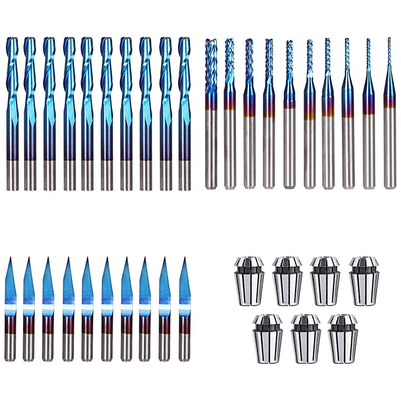 

Nano Blue Coat End Mill CNC Engraving Router Bits Essential Kit 30Pcs Router Bits And 7Pcs ER11 Spring Collet Set