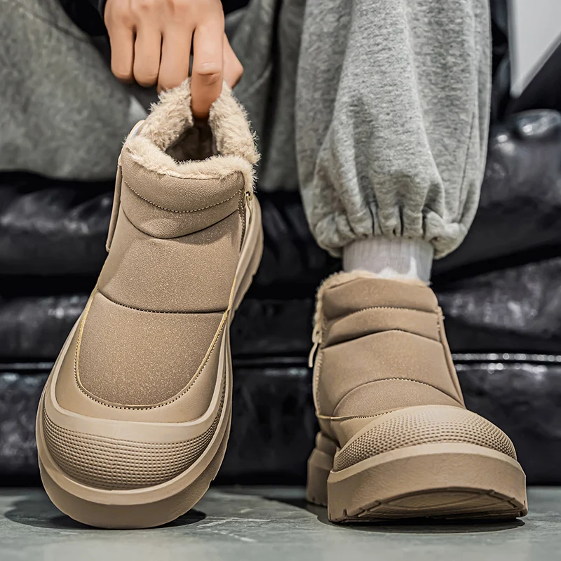الشتاء في الهواء الطلق الأحذية القطنية للرجال أفخم حذاء الثلج عالي الرقبة دافئ موضة اليدوية حذاء كاجوال مع الفراء مقاوم للماء عدم الانزلاق حذاء من الجلد
