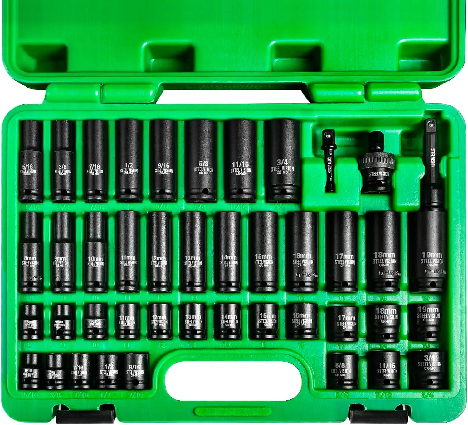 Dr. Impact Socket Set, Ratchet and Socket Set, 47pc SAE+Metric, Standard and Deep SAE Sizes 1/4