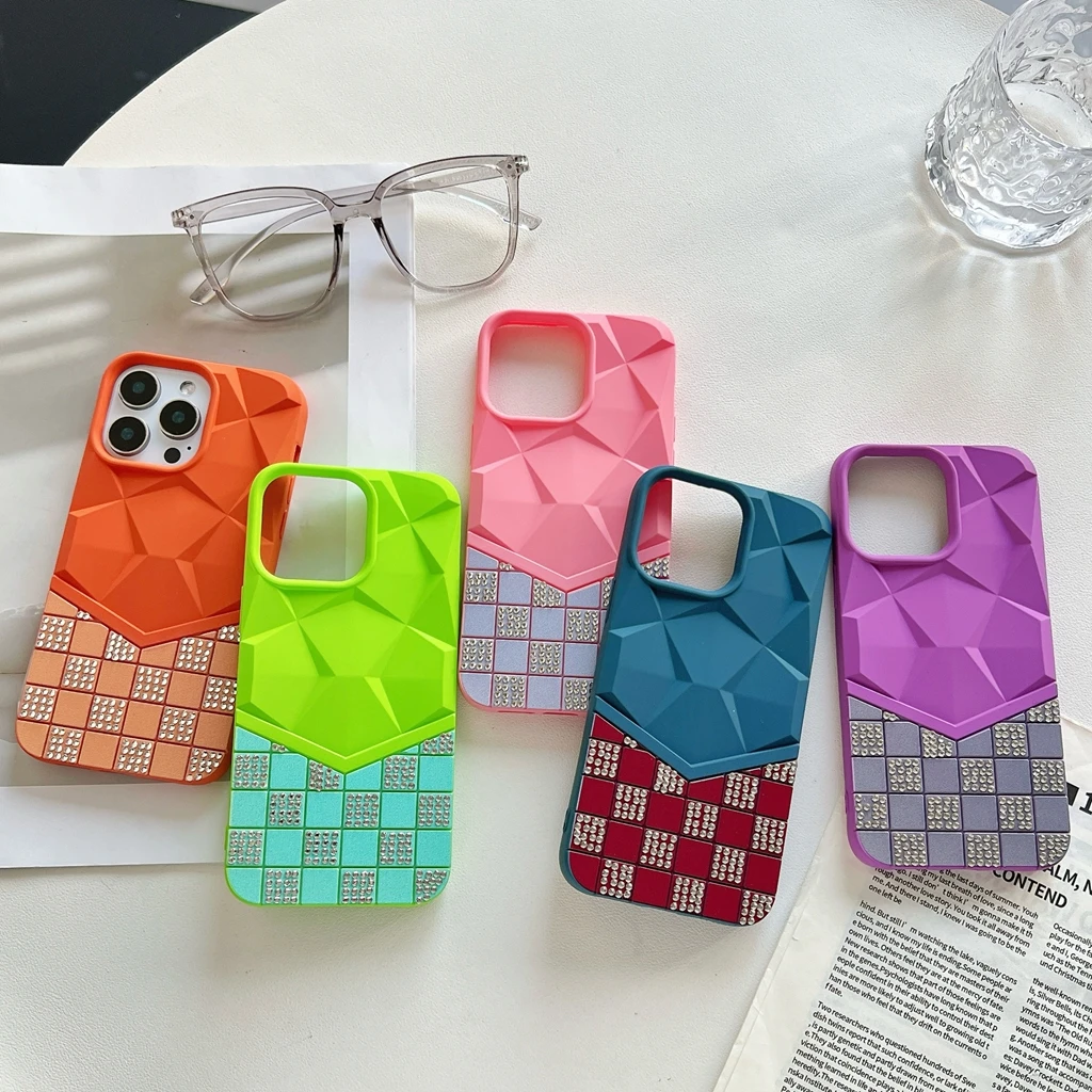 

Stylish Luxury Color Collision Diamond Rhombus Grid Splicing Shock Proof Phone Cover Case for iPhone 16 15 14 13 Pro Max