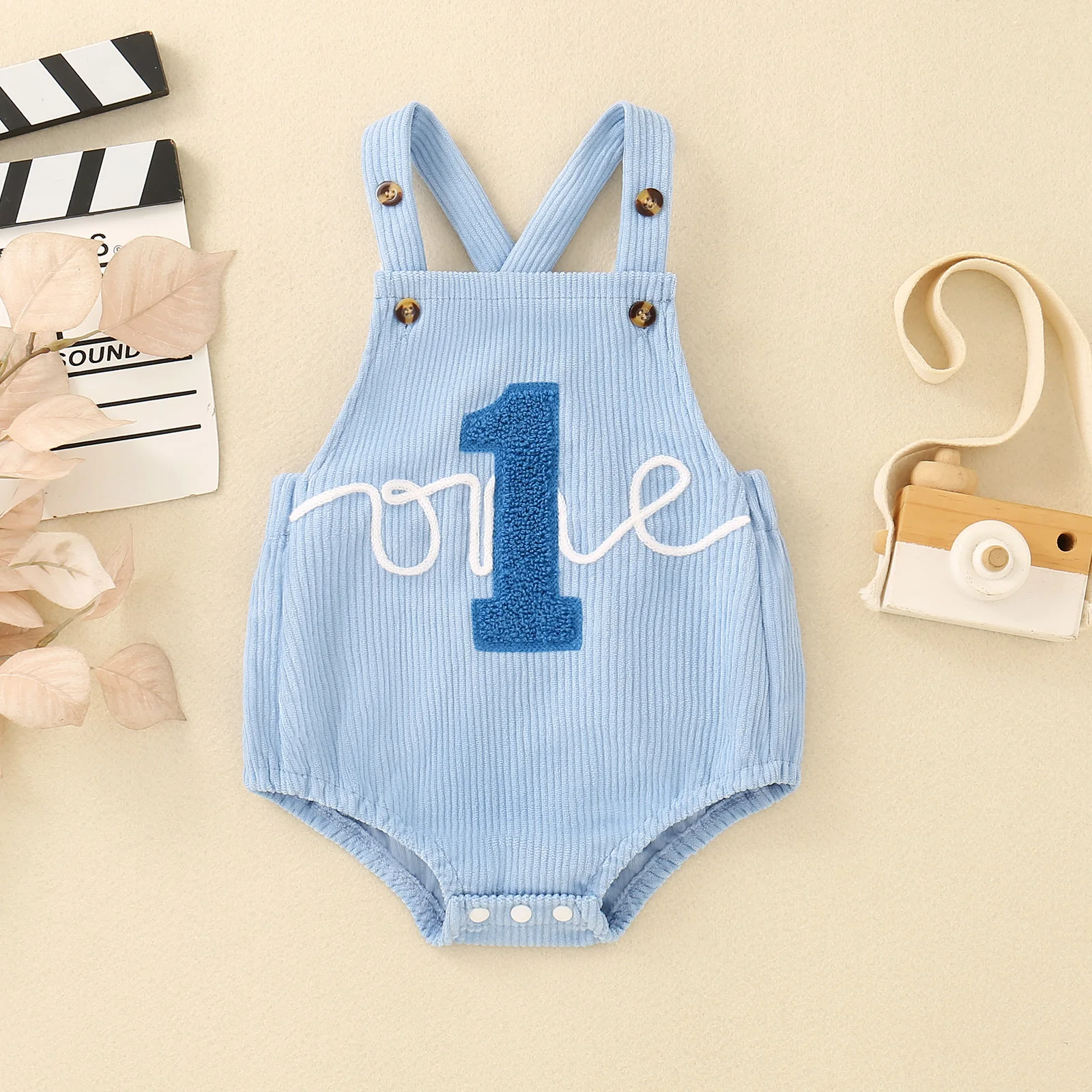 Summer Gender Neutral First Birthday Baby Overalls Romper Light Blue Corduroy Number One Embroidery Sleeveless Jumpsuit