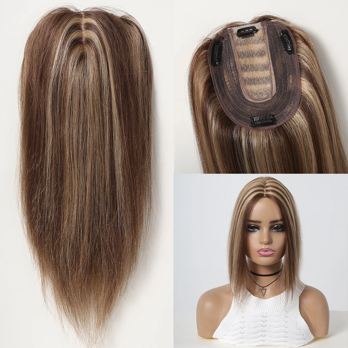 Toppers de cabelo humano real para mulheres, cabelos finos, destaque marrom, loiro, parte média pedaços de cabelo, base de seda, 4 clipes