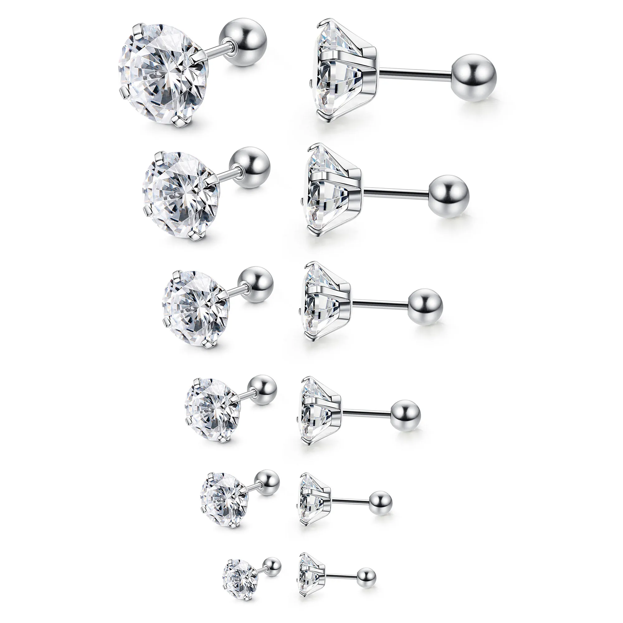 1 Pair Fashion Stainless Steel Cubic Zirconia Cartilage Helix Stud Earrings Set Ear Piercing Jewelry for Women Men 3-8mm