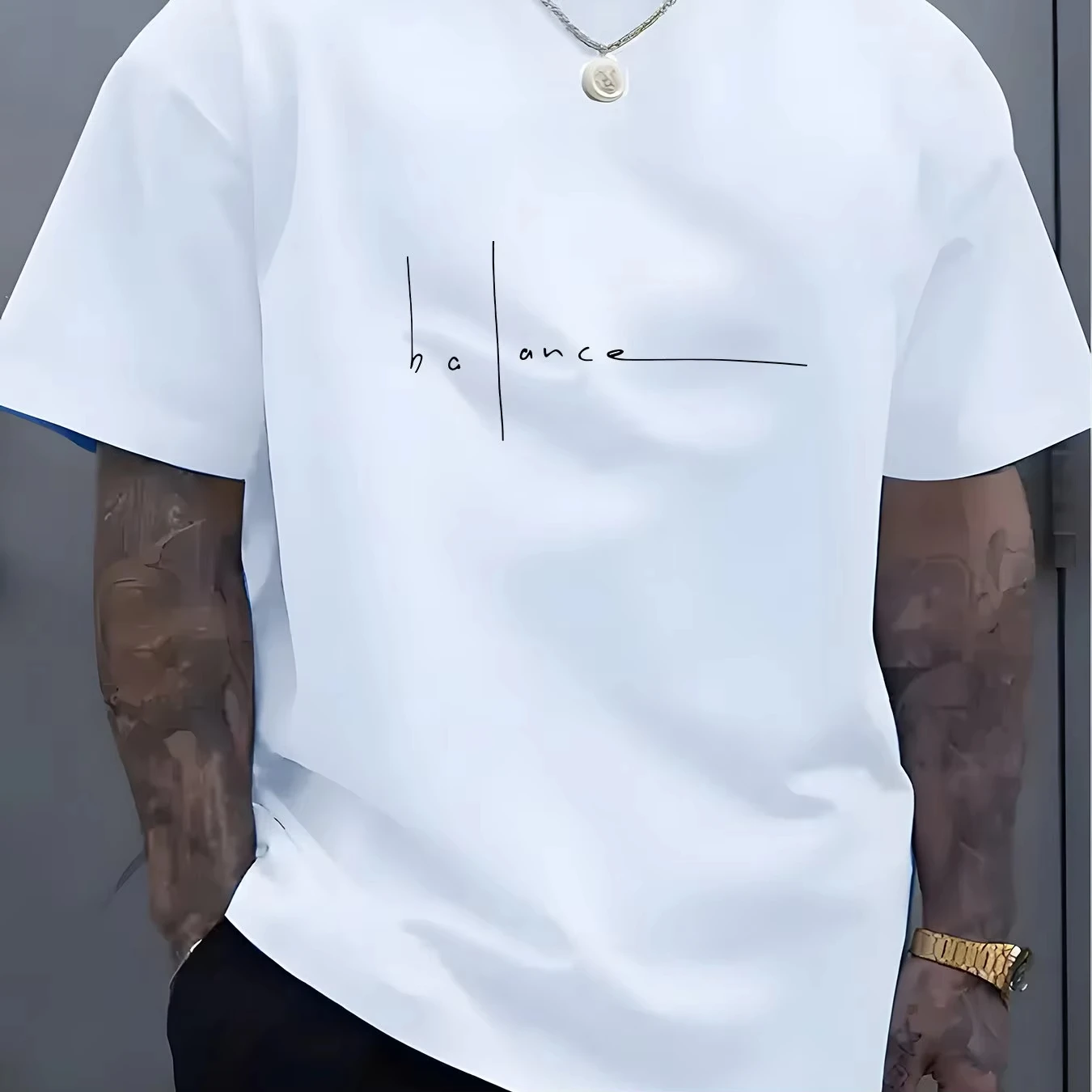 2026 Summer Men's Pure Cotton Fashionable Casual Sports Trend Balance Letter Print Round Neck Short Sleeved T-shirt Top