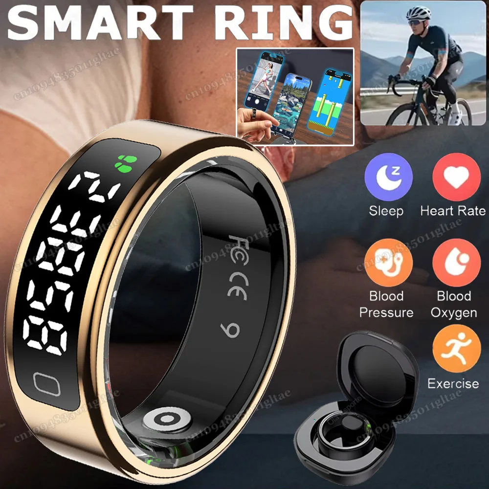 

SR08 Smart Ring with Charging Box for Men Women LED Display Screen Gesture Control Health Monitor 5ATM Waterproof Sports Rings