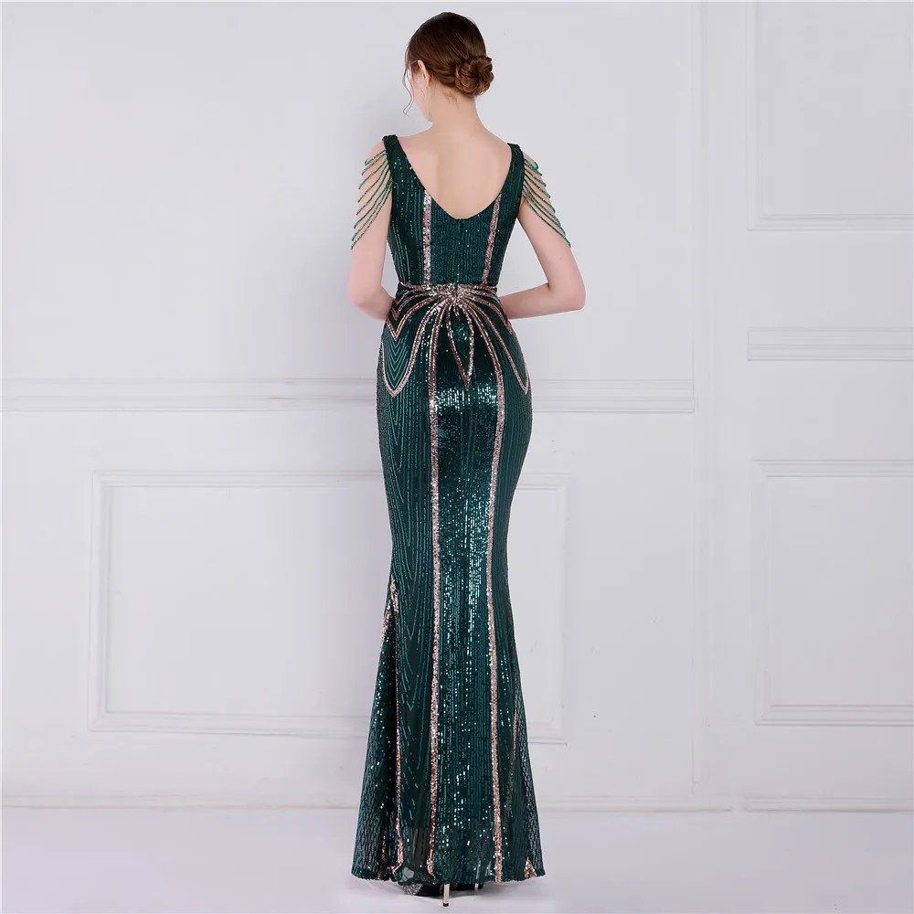 DEERVEADO Green Sequin Long Evening Dress 2024 Luxury Beading Formal Dress Women Elegant Evening Gown Chic Woman Maxi Dress