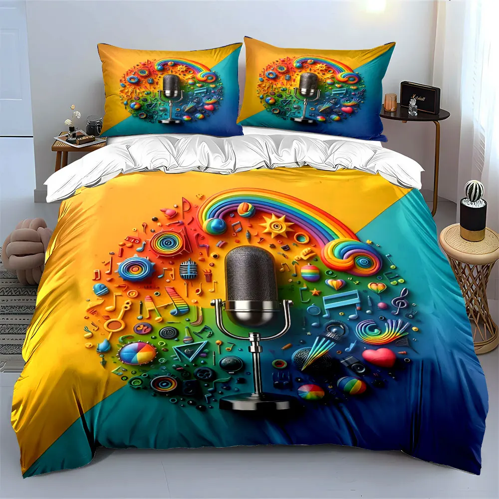 "Colorful Music Studio Microphone Set" Multiple sizes kid's and adults' bedroom Exquisite 3PC bedding set, gift