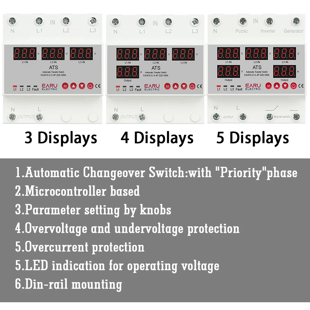 63A 100A 3 Phase 3P+N Over Under Voltage Protector ATS Automatic Transfer Switch Phase Selector Uninterrupted Power Over Current