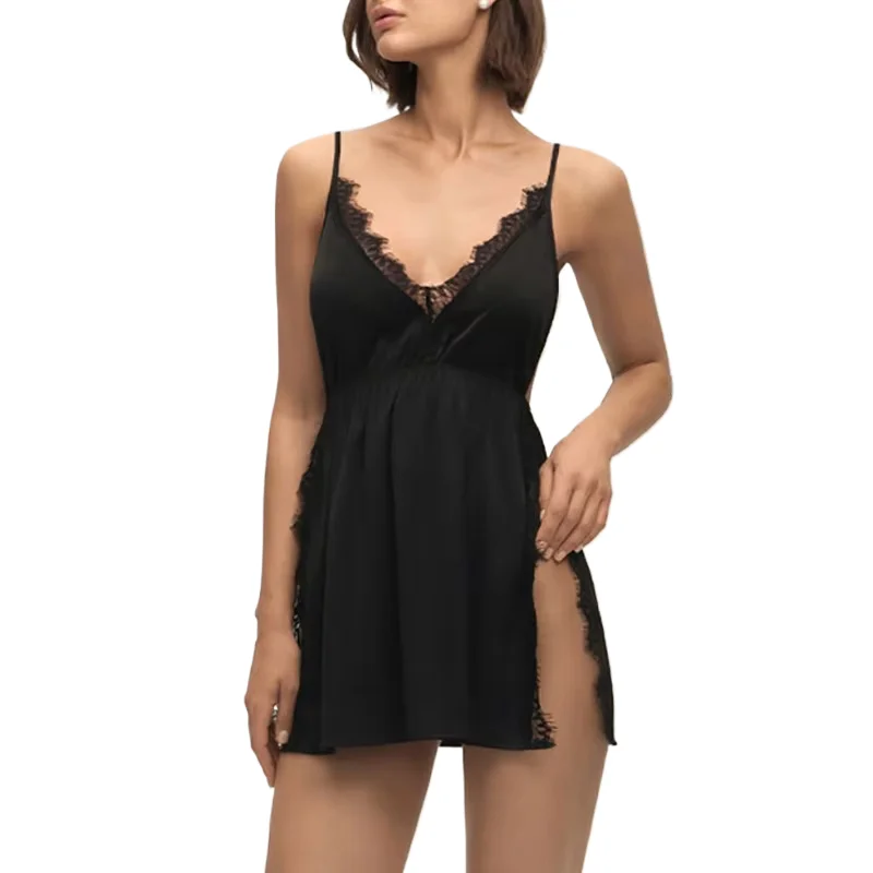 CINOON Women's Sexy Lace Trim Satin Nightgown Deep V-Neck Side Slit Nightdress Spaghetti Strap Lingerie Soft Black Sleep Dress