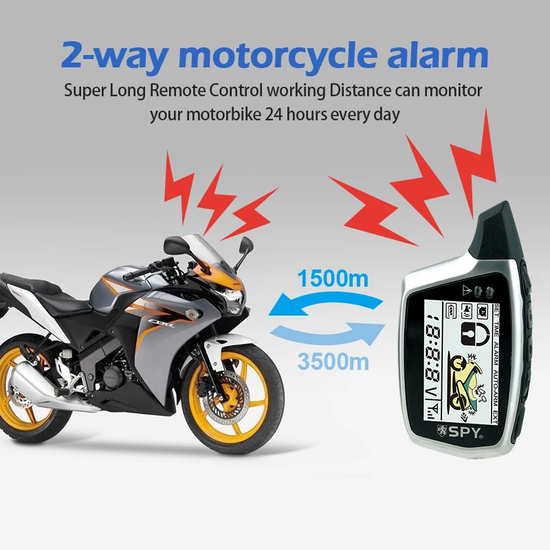 SPY IPX6 2-Way Motorcycle Anti-theft Alarm Anti-hijacking System 1500meters Remote start Engine with LCD flashing + sound alarm