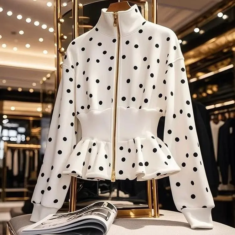 Beautiful, high-end, niche, non collision white stand up collar waist polka dot jacket for women in spring 2025