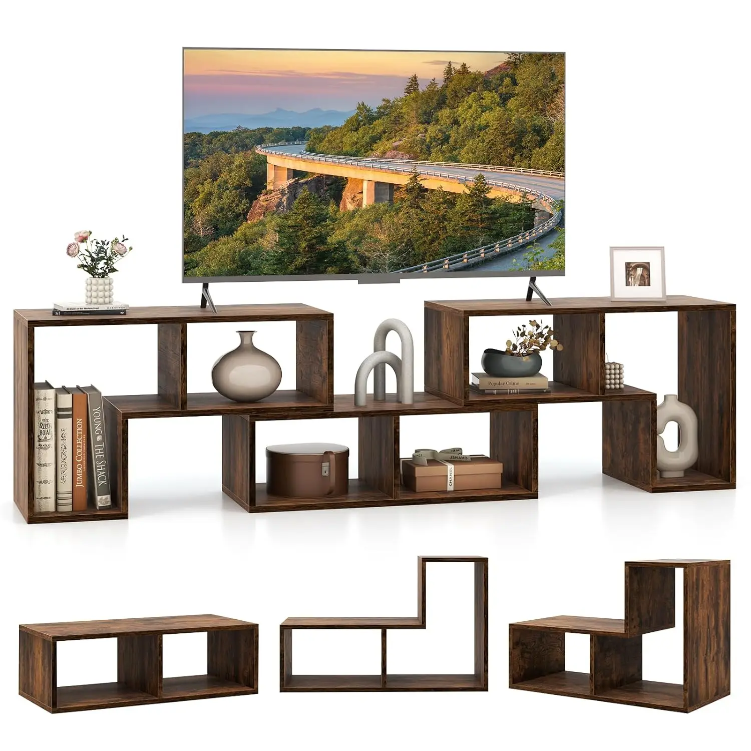 TV Stand Entertainment Center 50-65 Inch, 3-Piece Media Console Storage Cubes & Open Shelf, Deformable Bedroom Furniture, Brown,