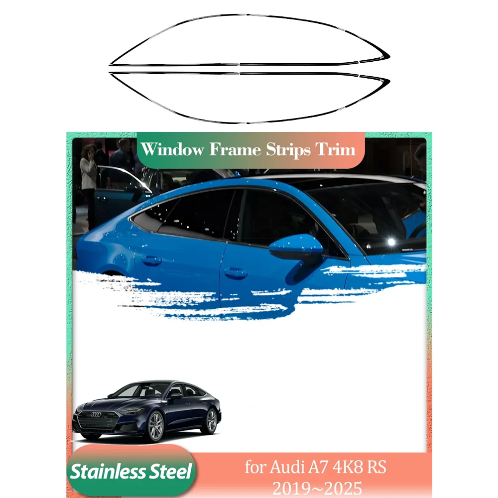 

Для Audi A7 4K8 RS 2019 ~ 2025 2020 серебристый черный из нержавеющей стали, дверная оконная рама, накладка на порог, наклейка, часть аксессуаров