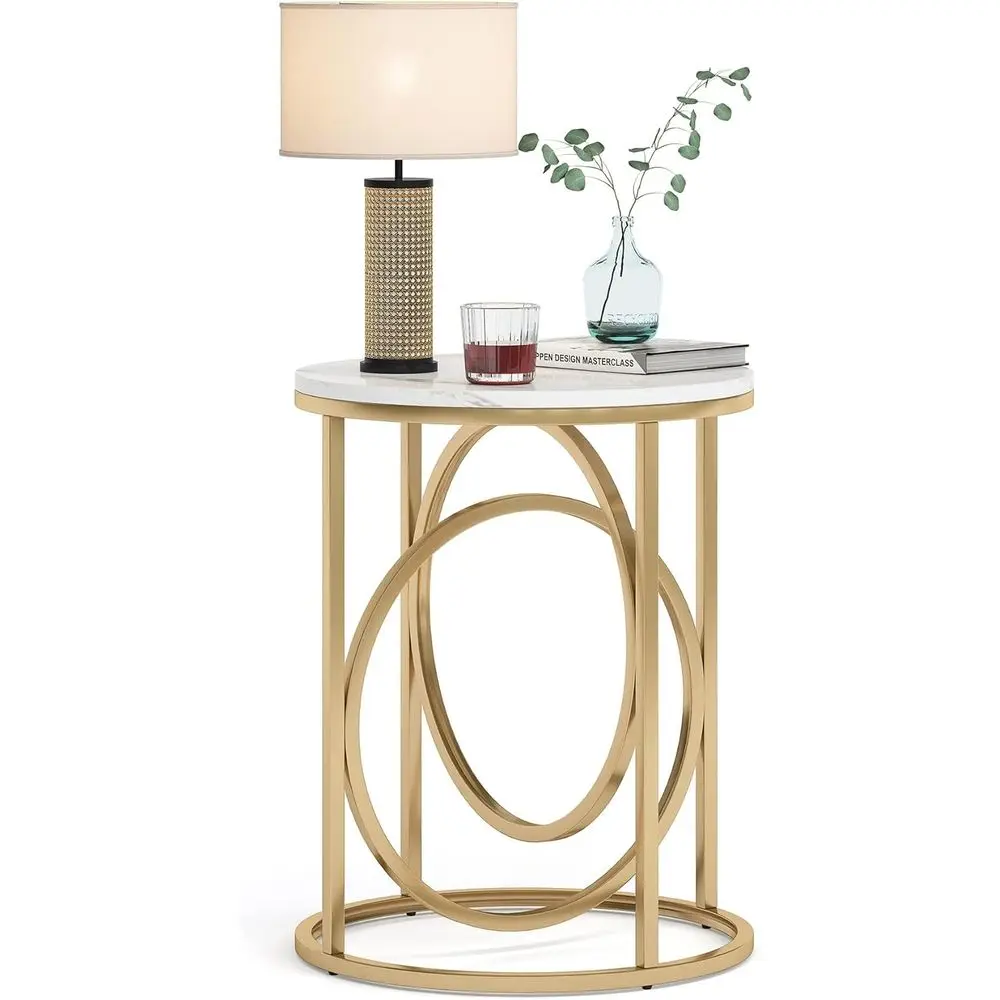 

20 Elegant Round Accent Table with Gold Base and Marble Top for Bedroom or Living Room, White and Gold